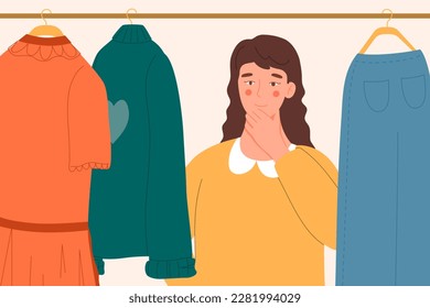 Choice of clothes. Woman in wardrobe chooses between red and green sweaters and jeans. Fashion and style. Confused adorable young girl deciding what to wear. Cartoon flat vector illustration