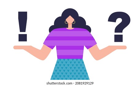Concepto de elección. Personaje con signo de interrogación y marca de respuesta en sus brazos. Ilustración de vector plana colorida.