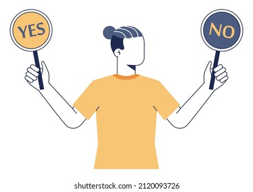 Concepto de elección. Difícil toma de decisiones, éxito o fracaso. Dos opciones dilema, tratar de elegir una. Ilustración vectorial plana