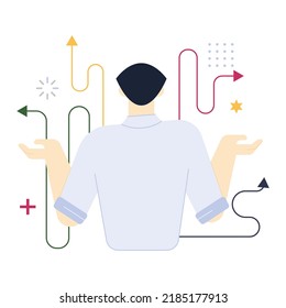 Concepto de elección. Difícil toma de decisiones, éxito o fracaso. Dilema de múltiples opciones, tratando de elegir una estrategia futura. Ilustración vectorial plana