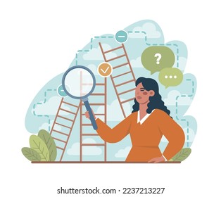 Concepto de elección. Difícil toma de decisiones, éxito o fracaso. Dilema de múltiples opciones, tratando de elegir una estrategia futura. Ilustración vectorial plana