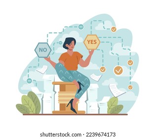 Choice concept. Difficult decision-making, success or failure. Multiple options dilemma, trying to choose a future strategy. Flat vector illustration