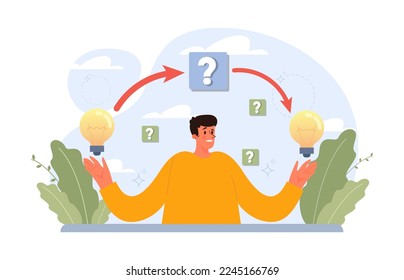 Concepto de elección. Difícil toma de decisiones, éxito o fracaso. Dilema de múltiples opciones, tratando de elegir una estrategia futura. Ilustración vectorial plana