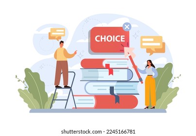 Choice concept. Difficult decision-making, success or failure. Multiple options dilemma, trying to choose a future strategy. Flat vector illustration