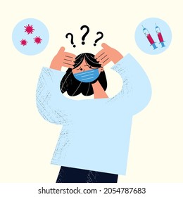 Choice concept. The girl thinks about whether to vaccinate her or not. Life or vaccine. Prevention covid-19 epidemic, formation of immunity from disease.