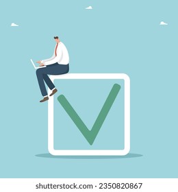 Choice concept. Online-questioning or voting, survey or testing. Successful completion of tasks, compliance with project deadlines, successful closing of transactions. Man sits on cell with check mark
