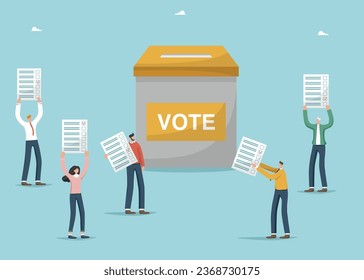 Choice concept. Online-questioning or voting, survey or testing. Voting, political choice, opinion or democracy. Election and referendum, secret ballot. People hold voting paper near vote box.