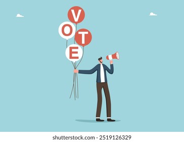 Concepto de elección. Cuestionamiento o votación en línea, Encuesta o pruebas. Votación, elección política, opinión o democracia. Elección y referéndum, votación secreta. Hombre sostiene globos con la palabra voto.