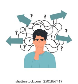 Choice concept. A person doubts the choice of path, method, decision-making, thinking about a problem. Illustration of arrow directions. Choice dilemma.