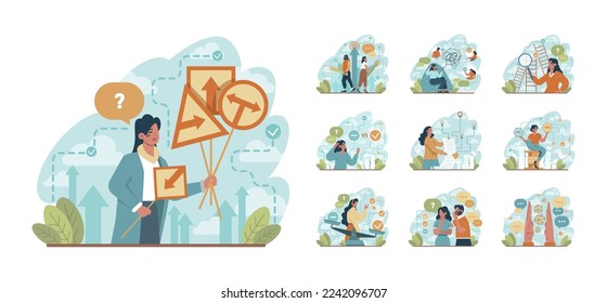 Choice concept set. Difficult decision-making, success or failure. Multiple options dilemma, trying to choose a future strategy. Flat vector illustration