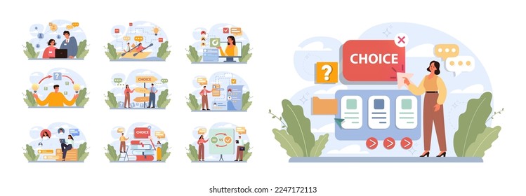 Choice concept set. Difficult decision-making, success or failure. Multiple options dilemma, trying to choose a future strategy. Flat vector illustration
