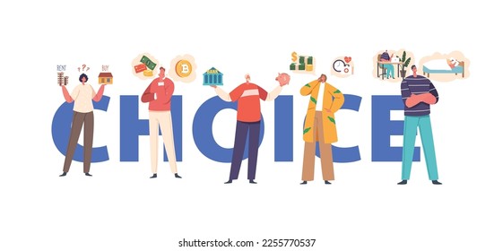 Choice Concept, Thoughtful People Characters Make Difficult Financial Decisions. Men and Women Face Dilemma, Finding Solution. Good Investment of Money Poster or Banner. Cartoon Vector Illustration