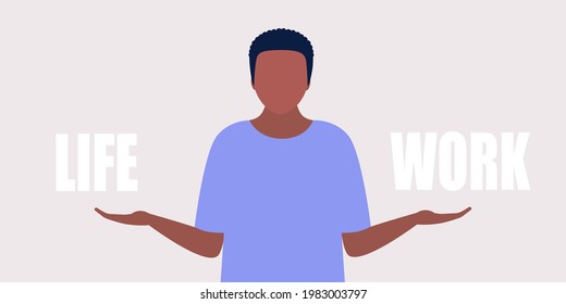 Choice concept. Young man choosing between life and work. Colorful flat vector illustration.