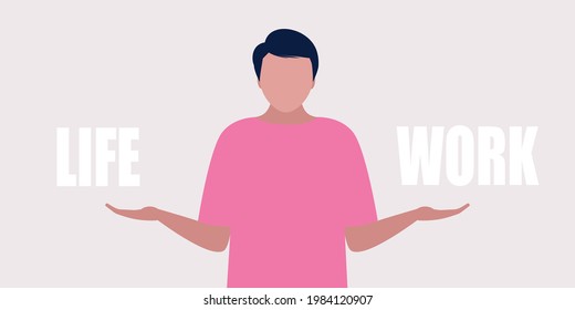 Choice concept. Young man choosing between life and work. Colorful flat vector illustration.
