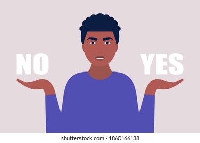 Choice concept. Young man holding yes and no in her arms. Colorful flat vector illustration.