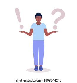 Concepto de elección. Joven con signo de interrogación y marca de respuesta en los brazos. Ilustración de vector plana colorida.