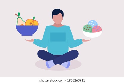 Choice concept. Young man holding heathy and junk in her arms. Colorful flat vector illustration.
