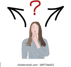 Choice concept. Young pensive thoughtful confused girl woman chooses between two options, directions, solutions. Vector illustration.