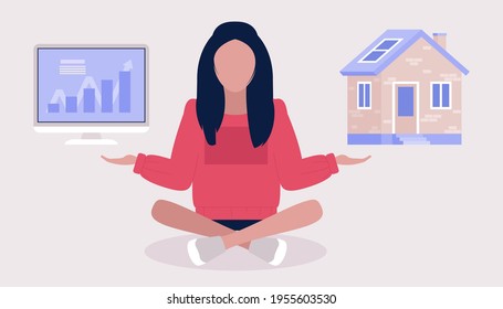 Choice concept. Young woman choosing between home and work. Colorful flat vector illustration.