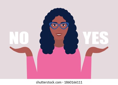 Choice concept. Young woman holding yes and no in her arms. Colorful flat vector illustration.