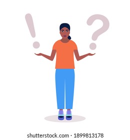 Choice concept. Young woman holding question mark and answer mark in her arms. Colorful flat vector illustration.