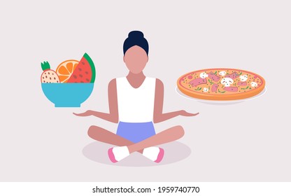 Choice concept. Young woman holding heathy and junk in her arms. Colorful flat vector illustration.