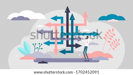 Choice confusion vector illustration. Business path flat tiny person concept. Various strategies for company directions and solutions. Puzzle, maze and labyrinth of thoughts abstract visualization.