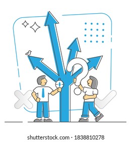 Elección y decisión para el concepto de esquema monocolor de estrategia de dirección de negocio. Corregir la duda de la solución con las flechas cruzadas ilustra el vector. Elija el camino como solución simbólica de problemas en el trabajo.
