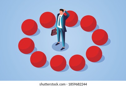 Choice and decision, businessman standing among a bunch of spheres with the same appearance