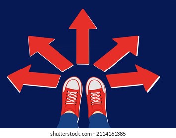Choice and decision concept. Human foot in sneakers standing with arrows in various directions around meaning variety of choice and directions vector illustration 