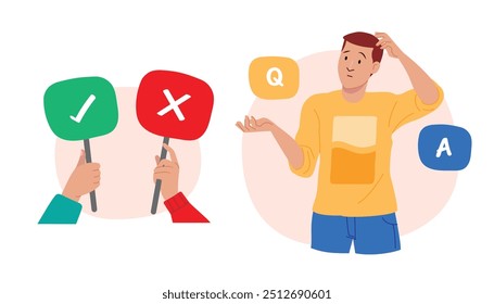 Choice and decision concept illustrate with selecting in two options. Flat cartoon vector illustration isolated on white background.