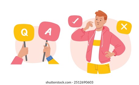 Choice and decision concept illustrate with selecting in two options. Flat cartoon vector illustration isolated on white background.