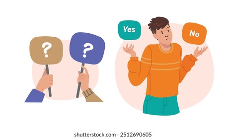 Choice and decision concept illustrate with selecting in two options. Flat cartoon vector illustration isolated on white background.