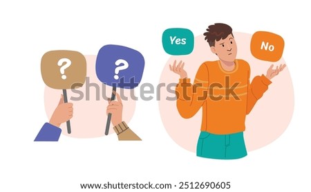 Choice and decision concept illustrate with selecting in two options. Flat cartoon vector illustration isolated on white background.