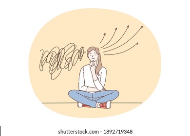 Choice, decision, confidence concept. Young smiling woman cartoon character sitting on floor with various thoughts in mind and deciding choosing one clear position vector illustration 