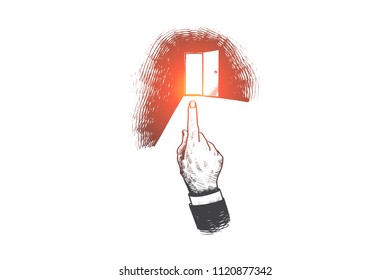 Choice, decision, exit, dismissal concept. Hand drawn finger pointing at the door. Dismissal of employee isolated vector illustration.