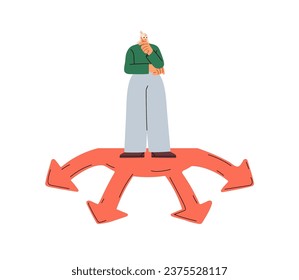 Concepto de elección y toma de decisiones. Confundida mujer perdida en la encrucijada. Dilema, duda al elegir la vida y la carrera, oportunidades. Ilustración vectorial gráfica plana aislada en fondo blanco