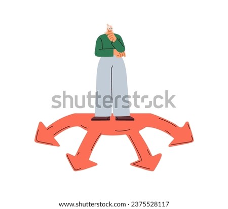 Choice and decision making concept. Confused lost woman at crossroads. Dilemma, doubt in choosing life and career way, opportunities. Flat graphic vector illustration isolated on white background