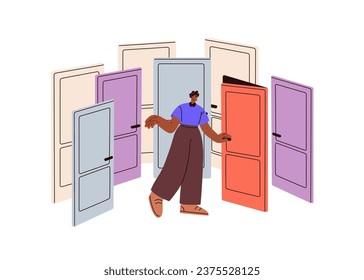 Choice and decision making concept. Person choosing door way to enter. Character searching, finding life chances, opportunities, attempts. Flat vector illustration isolated on white background