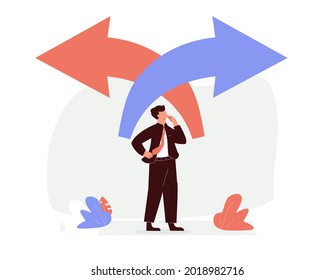 Choice decision making as two split path options to choose from tiny person concept. Business or life strategy confusion and opportunity doubt vector illustration. Future direction concern or struggle