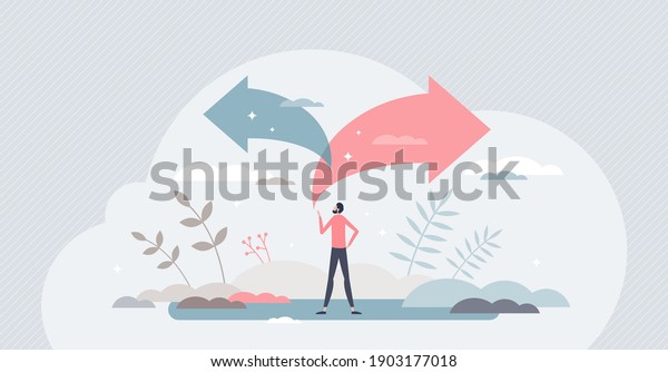 Choice decision making as two split path options\
to choose from tiny person concept. Business or life strategy\
confusion and opportunity doubt vector illustration. Future\
direction concern or\
struggle