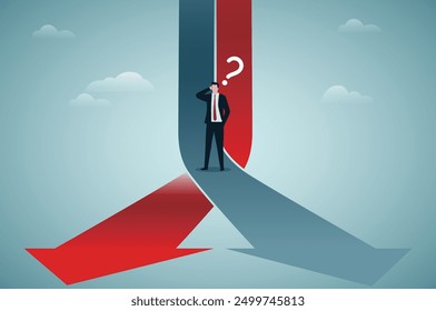 Choice, decision and right business solution concept with pensive businessman on crossroads of red and blue arrows on abstract light background.