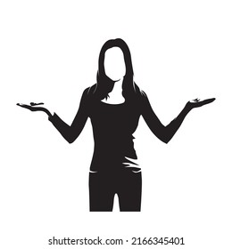 Choice, decision. Woman gesturing with her hands and shows balance, abstract isolated vector silhouette. Ink drawing