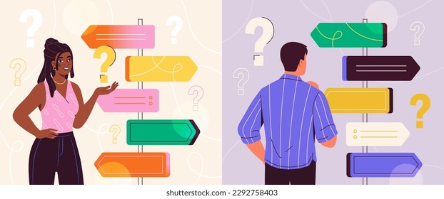 Choice destination concept. Man and woman looking at multicolored road signs and signboards. Choice of life and career path and problem solving. Crossroad with boards. Cartoon flat vector illustration