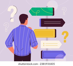 Choice destination concept. Woman near colorful arrows at road. Solution and desicion. Young guy near boards at crossroad. Graphic element for website. Cartoon flat vector illustration