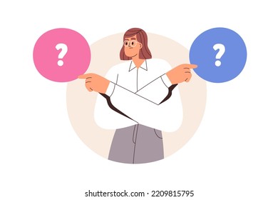 Choice, dilemma concept. Business woman choosing, making decision. Puzzled confused employee thinking, deciding between two options. Flat graphic vector illustration isolated on white background