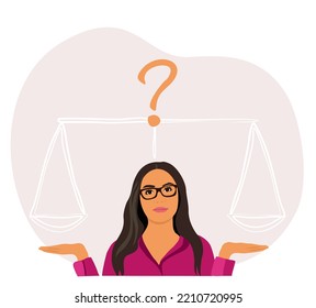 Choice, Dilemma Concept. Business Woman Choosing, Making Decision. Puzzled Confused Employee Thinking, Deciding Between Two Options. Flat Graphic Vector Illustration Isolated On White Background.