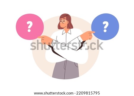 Choice, dilemma concept. Business woman choosing, making decision. Puzzled confused employee thinking, deciding between two options. Flat graphic vector illustration isolated on white background
