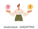 Choice, dilemma, decision making concept. Deciding, choosing between options, asking questions, queries. Puzzled woman in doubt, uncertainty. Flat vector illustration isolated on white background