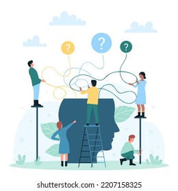 Choice of direction process, alternative options and guidance vector illustration. Cartoon tiny people choose between future different puzzled paths and ways with question marks from human head